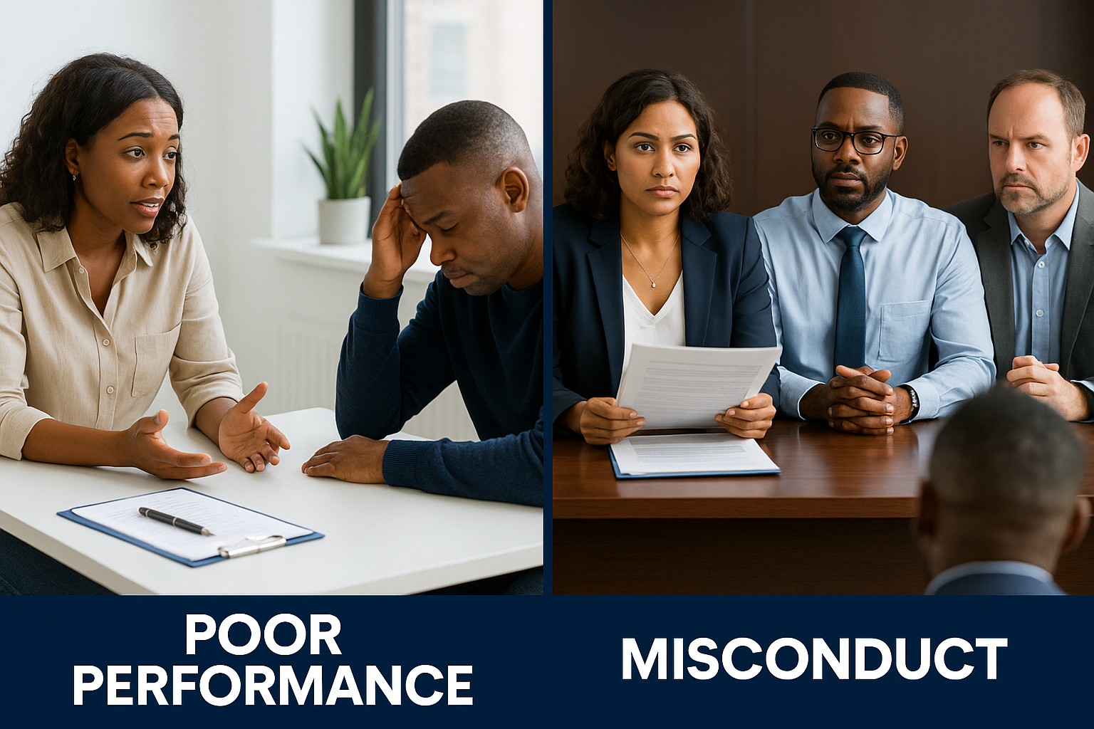 Misconduct vs Poor Performance in South Africa. An employee being counselled on poor performance and another attending a disciplinary hearing – representing the contrast between misconduct and incapacity