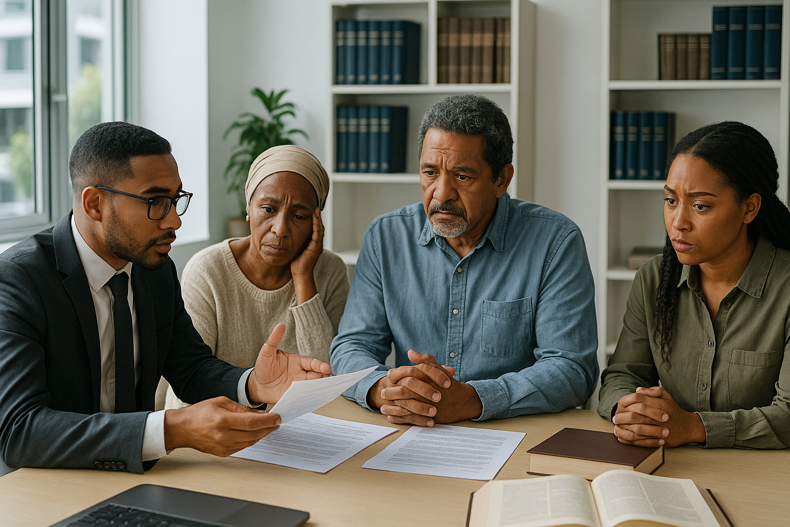 Attorney advising South African beneficiaries on executor misconduct during an estate consultation.